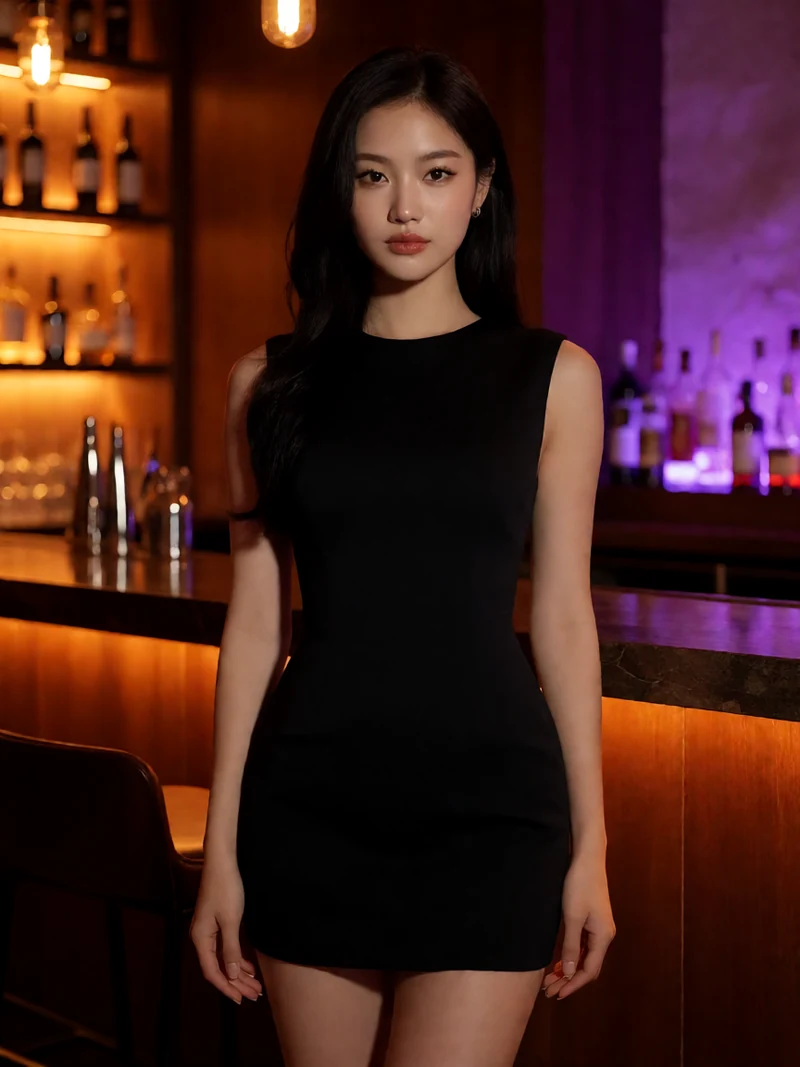 虚构成年亚洲女性穿不透明黑色短裙站在酒吧中央