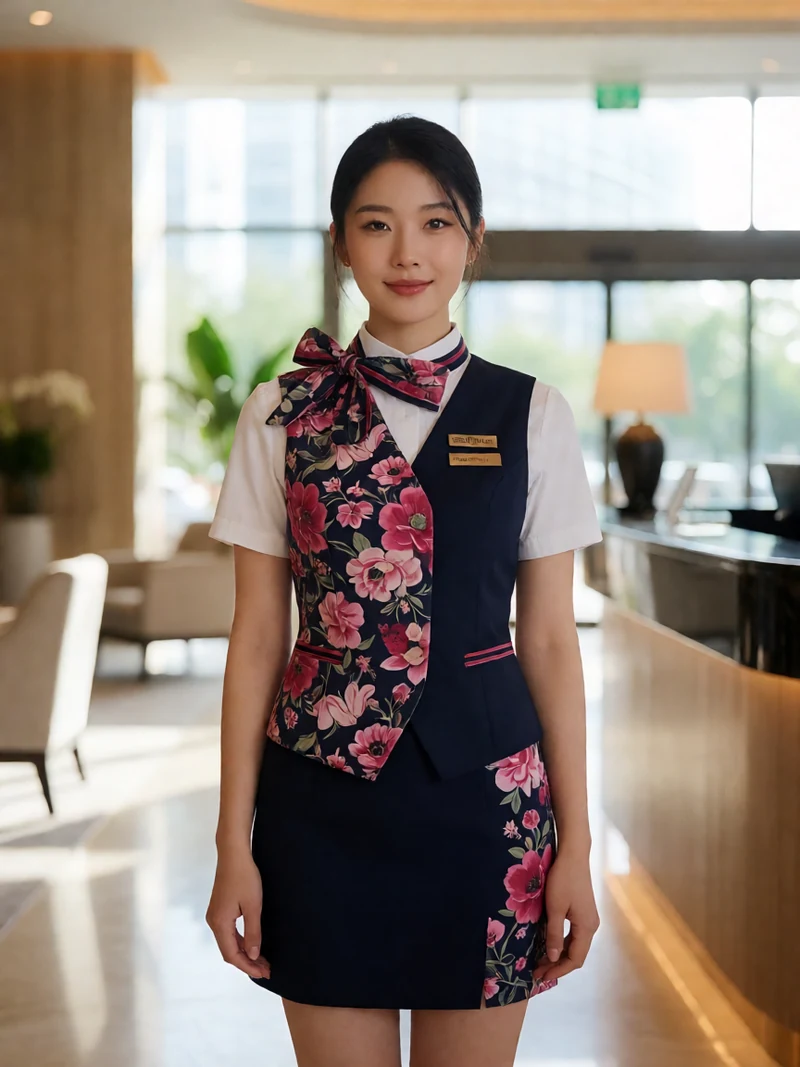 虚构成年亚洲女性穿不透明现代前台制服站在酒店大厅中央